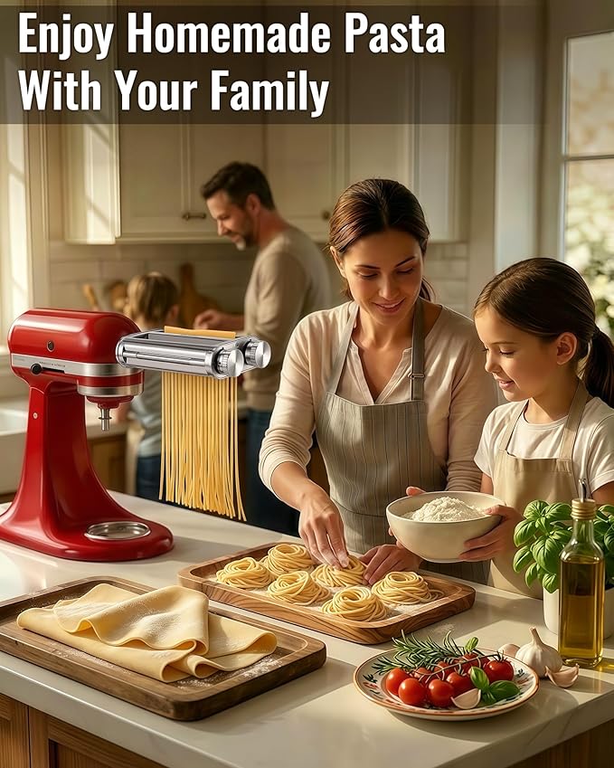 Pasta Maker Attachment for KitchenAid Stand Mixers, 3-in-1 Pasta Roller & Cutter Set with Spaghetti and Fettuccine Cutter Blades, Adjustable 8 Thickness Settings, Durable Metal Construction