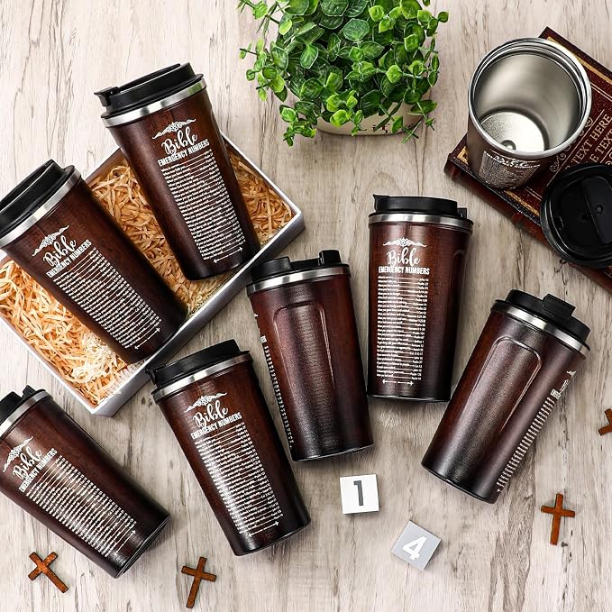 Meanplan 10 Set Father's Day Christian Bible Verse Tumbler Bulk 17oz Coffee Cup Religious Jesus Tumbler Inspirational Mug for Pastor Appreciation Gifts(Brown, Emergency Number Style)