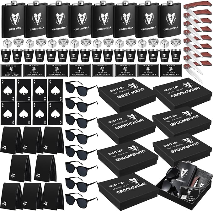 Mimorou 88 Pcs Groomsmen Proposal Gifts - Shot Glasses, Stainless Steel Ice, Flask, Funnel, Gift Boxes, Sunglasses, Knives, Bottle Opener, Cards, Wallets for Wedding Groomsmen Present Set