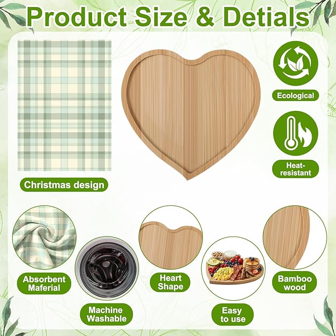 LemonRoad 12 Set Vintage Bridal Shower Gifts Bamboo Heart Shaped Charcuterie Board with Utensils Kitchen Towels Thank You Tags for Baby Shower Wedding Bridal Birthday Holiday Party Favors Housewarming