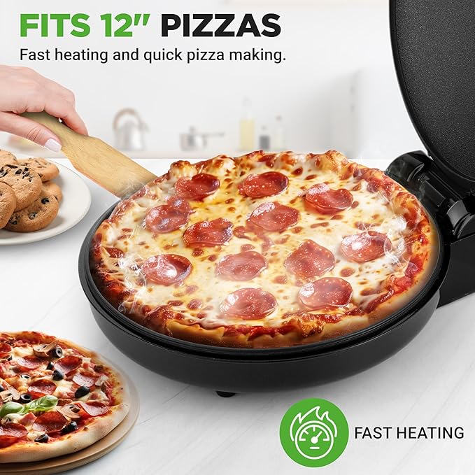 NutriChef Countertop Pizza Maker | 1500W Non-Stick Electric Pizza Cooker | Make 12" Personal Pizzas, Eggs, Toast, Quesadillas & More | Cool-Touch Handles & Space Saving | Temp Range 175-400°F | Black