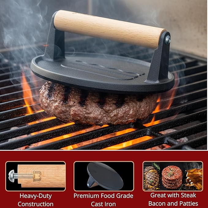 Gamalou® Smash Burger Press Kit: 7” Cast Iron Flat Press, 3-in-1 Hamburger Maker, 6x5” Spatula, Dredge Shaker & 100 Patty Papers for BBQ, Blackstone Griddle, Flat Top, Grill & Frying Pan