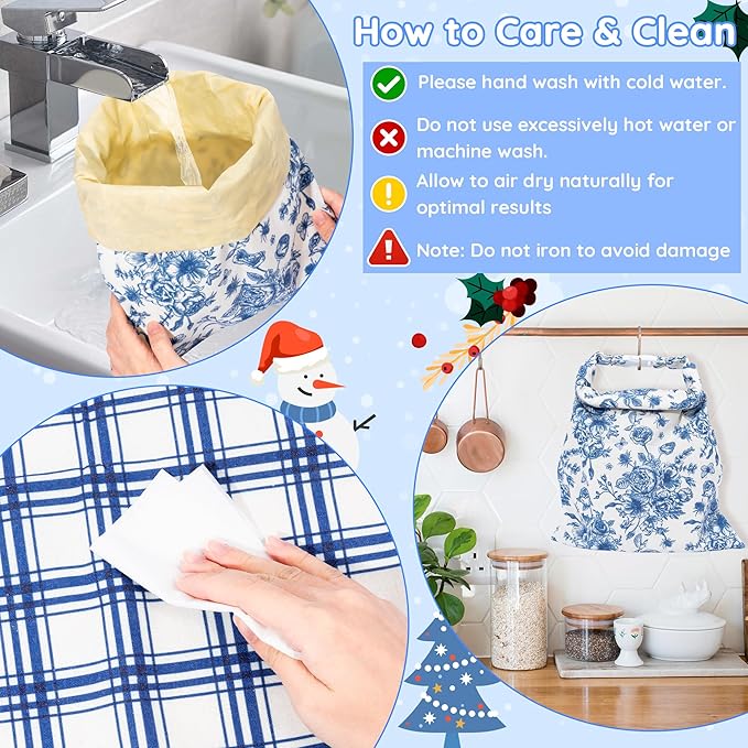 Reusable Beeswax Bread Bags - 2 Pack Bees Wax Homemade Sourdough Bread Storage Bags, Linen Cotton Large Beeswax Freezer for Home Kitchen Baking (Blue White Checkered, Flower)