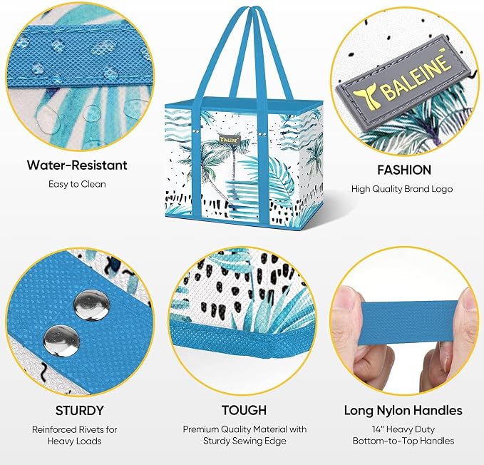 BALEINE 3Pk Reusable Grocery Bags, Foldable Shopping Bags for Groceries with Reinforced Bottom & Handles (Island Breeze)
