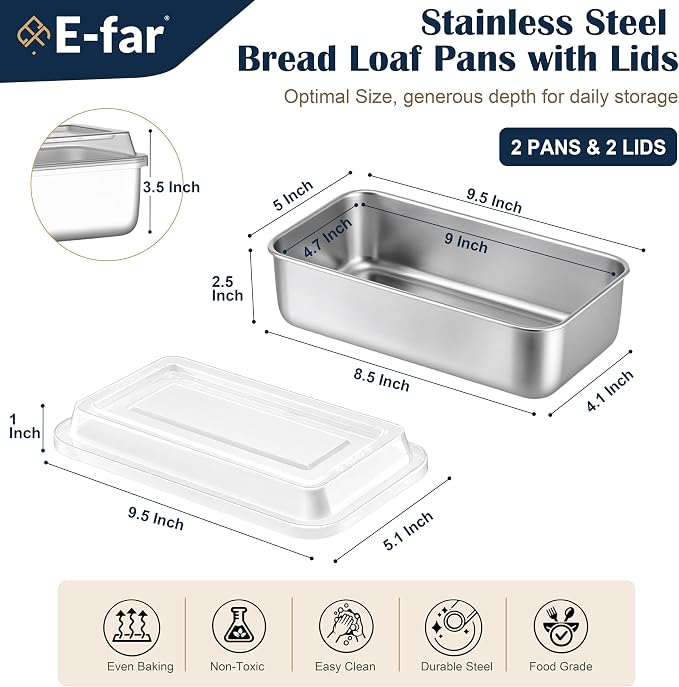E-far Loaf Pan with Lids, 9 x 5 Inch Stainless Steel Bread Pans for Homemade Bread, Rectangle Baking Tins for Sourdough, Meatloaf, Banana Cake, Nontoxic & Dishwasher Safe - Set of 2