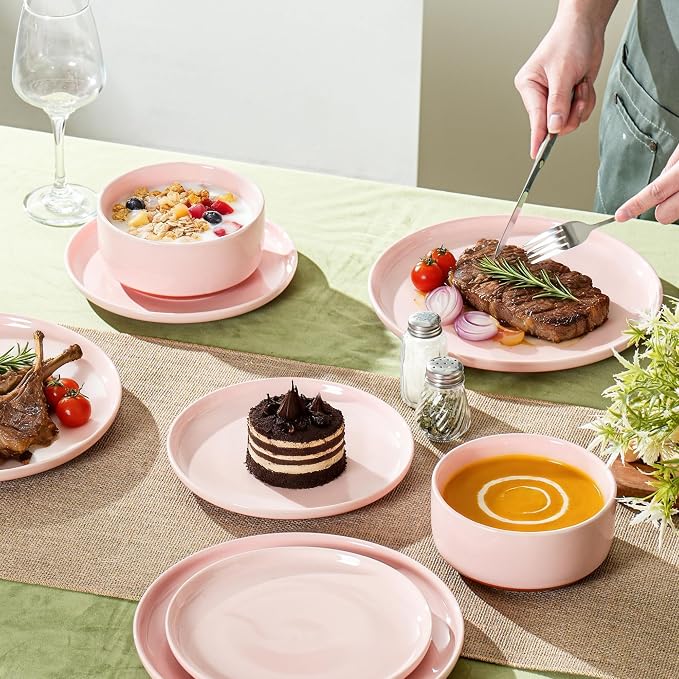 12 Piece Ceramic Plates and Bowls Sets for 4, Elegant Pink | Stoneware Dinnerware Set, Dishwasher & Microwave Safe, Handcrafted, Perfect for Family and Gatherings