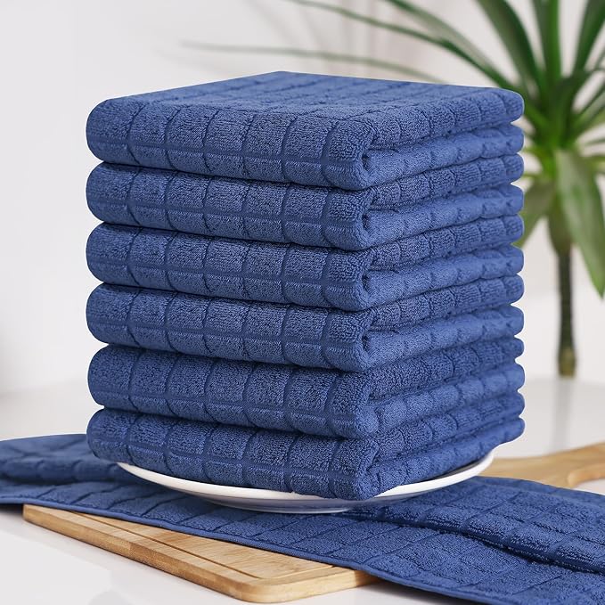 Homaxy Premium Cotton Kitchen Towels 16"x 28", Large Natural Ring Spun 390 GSM Dish Towels, Super Absorbent Terry Kitchen Hand Towels, Soft Tea Towels with Hanging Loop, Pure Navy Blue Design, 4 Pack