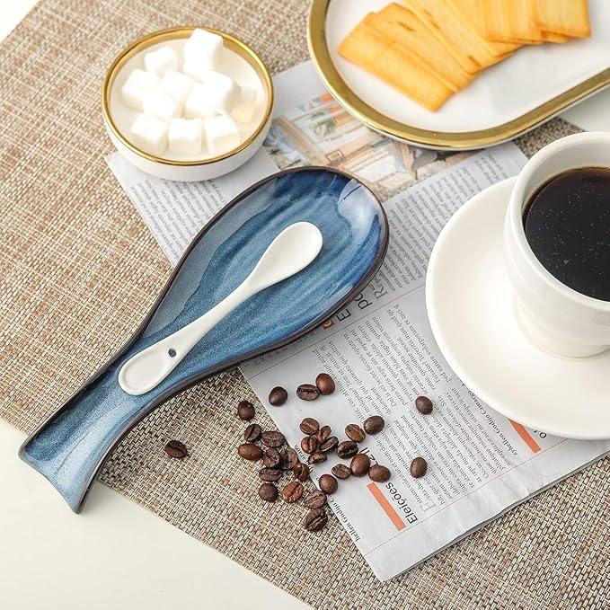Spoon Rest for Stove Top, Ceramic Large 8.7 Inch Spoon Holder for Kitchen Counter, Porcelain Utensil Rest for Ladle, Spatula, Housewarming Gifts, Dishwasher Safe and Heat-Resistant, Blue(1 PC)