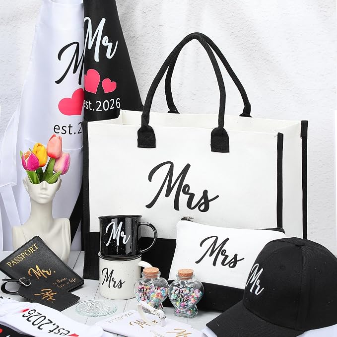 15 Pcs 2026 Wedding Gift Mr and Mrs Gifts for Couples Set, Mr and Mrs Aprons Wedding Honeymoon Bridal Shower Cooking Gifts Ideas for Bride Groom Engagement Anniversary Travel(Bride)