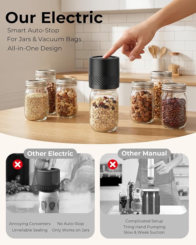 Electric Mason Jar Vacuum Sealer Kit with Auto-Stop, 1200mAh Cordless Jar Vacuum Sealer for Wide & Regular Mouth Mason Jars, Portable Automatic Vacuum Sealer with 10 Lids & 2 Vacuum Bags