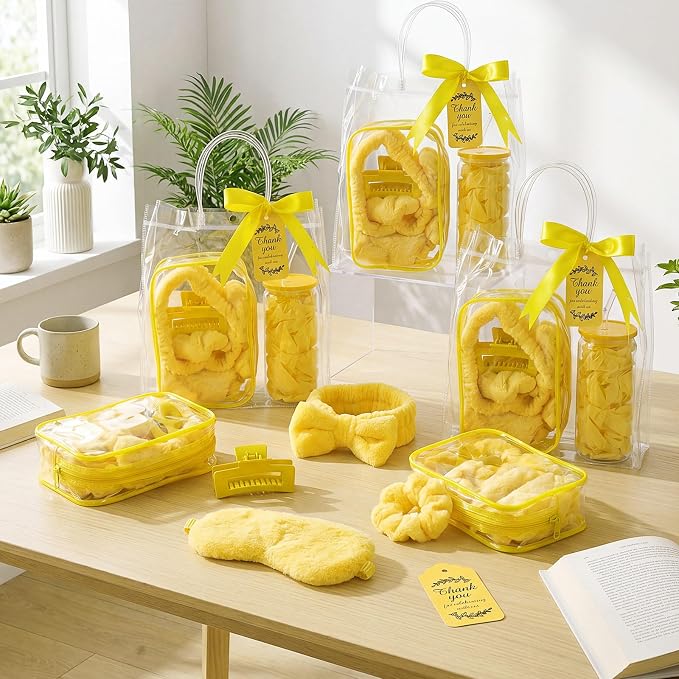 48 Pcs/6 Sets Baby Shower Prizes Winners Include Glass Cans Spa Headband Plush Sleep Eye Mask Hair Claw Clips Clear Cosmetic Bags Baby Shower Player Winner Gifts Bridal Game Gifts(Yellow)
