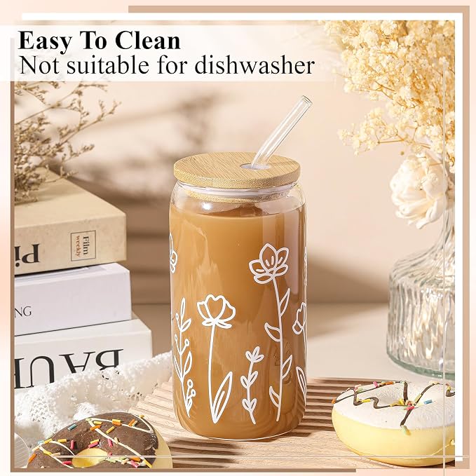 Mumufy 1 Pack Glass Cups Gift Aesthetic Cute Glass Cup Tumbler Flower Iced Coffee Mugs 16 oz with Bamboo Lid & Straw, for Wedding Birthday Bridesmaid Mom Baby Shower