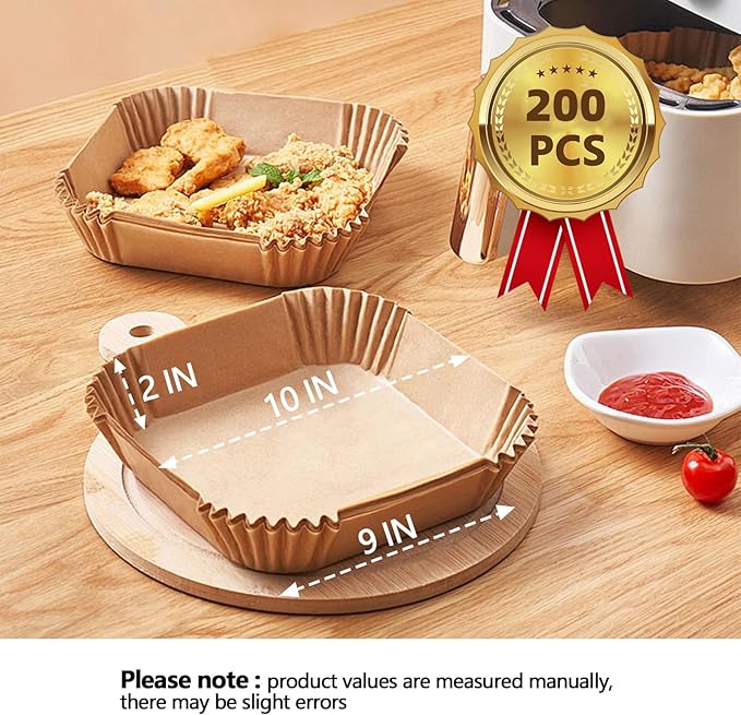10 Inch Air Fryer Liners Disposable, 200Pcs Square Air Fryer Paper Liners, Oil-Proof & High-Temperature Resistant Parchment Baking Paper for Air Fryer, Microwave and Oven（Bottom Is 9 Inch）