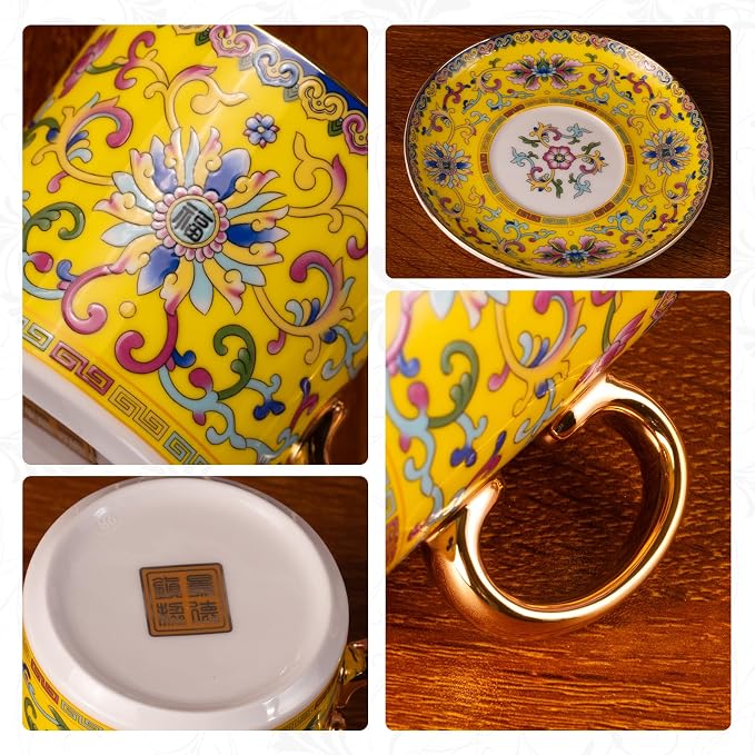 KAMMAK Tea Cups and Saucers Set of 2, Porcelain Coffee Cups, 7oz Stackable Espresso Mugs, Ceramic Demitasse for Coffee, Latte, Americano, Tea (639N+640N)