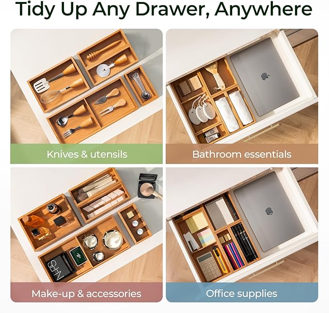 keechee Carbonized Bamboo Kitchen Drawer Organizer (Bundle: 5pc Organizers Set)