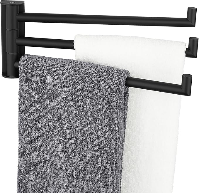 Aomasi Matte Black Swivel Towel Bar, 304 Stainless Steel Rotating Towel Rack with 3 Arms, Space Saving Wall Mounted Hanger for Bathroom, Kitchen, RV, Laundry Room