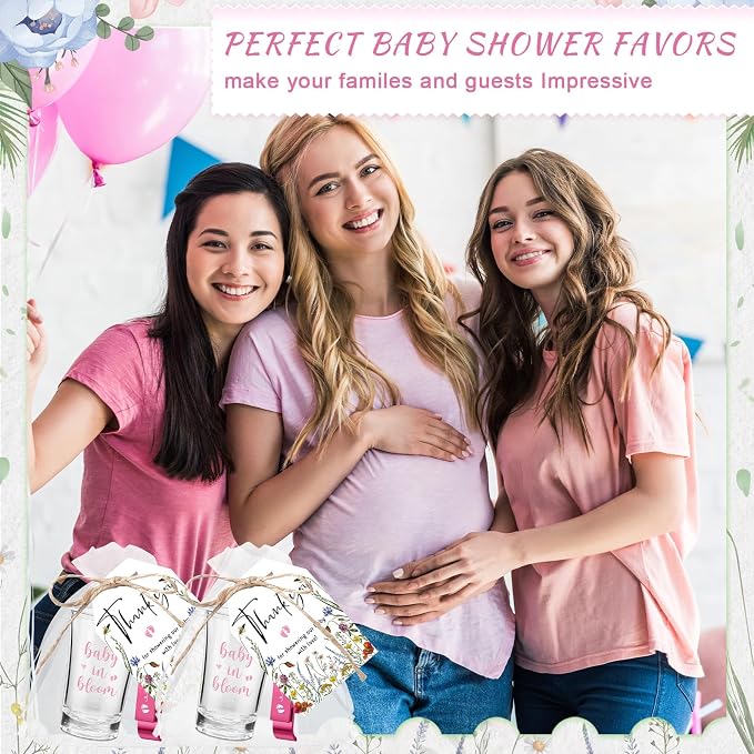 50 Sets Baby Shower Favor for Guests Acrylic Shot Glasses with Bottle Opener Keychains Thank You Tags and Bags Gender Reveal Party Favors for Guest Baby Shower Return Gift(Bloom)