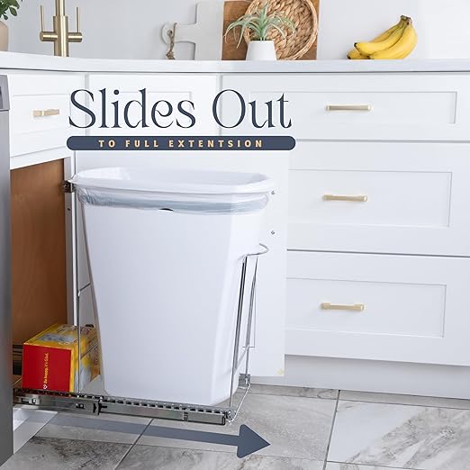 Pull-Out Trash Can for Cabinet -10 Gal / 40 qt – Heavy-Duty Chrome, Smooth Slide with Trash Bag Storage – Fits 11" Cabinet Opening (Bin Not Included)