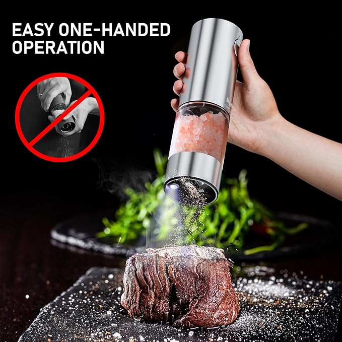 Electric Salt and Pepper Grinder Set Rechargeable, Yumcian Automatic Shakers Set with Adjustable Coarseness and LED Light, Stainless Steel Mill Set, Upgraded Larger Capacity