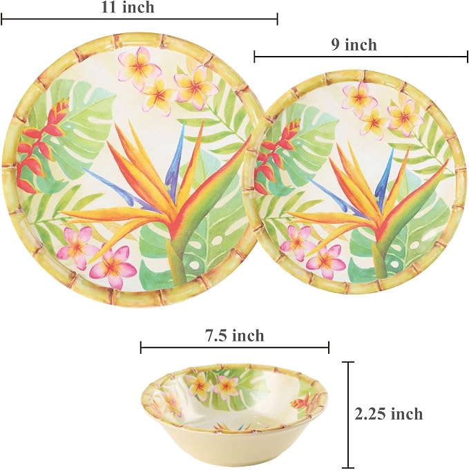 UPware 12 Piece Bird of Paradise Melamine Dinnerware Sets, Outdoor Dishes Set, Plates and Bowls Sets, Service for 4, Multicolor