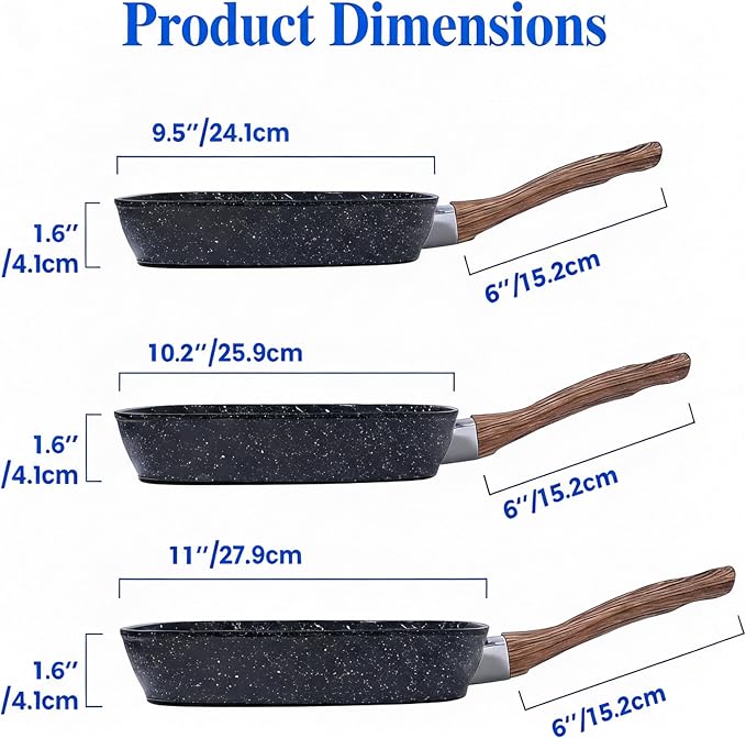 HealSmart 3 Pieces Nonstick Grill Pan Set, Square Cooking Skillets with Wooden Handles, PFOA-Free Multi-size Griddle Pans Fit All Stovetops, Indoor & Outdoor Cooking, 9.5",10.2",11", Black