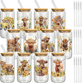 Teenyyou 12 Set of Highland Cow Glasses with Bamboo Lid and Glass Straw 16 oz Summer Drinking Cup Beer Iced Coffee Cup Tumbler Mugs for Teacher's Day Gift Holiday Party Office