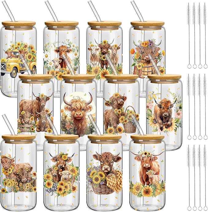 Teenyyou 12 Set of Highland Cow Glasses with Bamboo Lid and Glass Straw 16 oz Summer Drinking Cup Beer Iced Coffee Cup Tumbler Mugs for Teacher's Day Gift Holiday Party Office