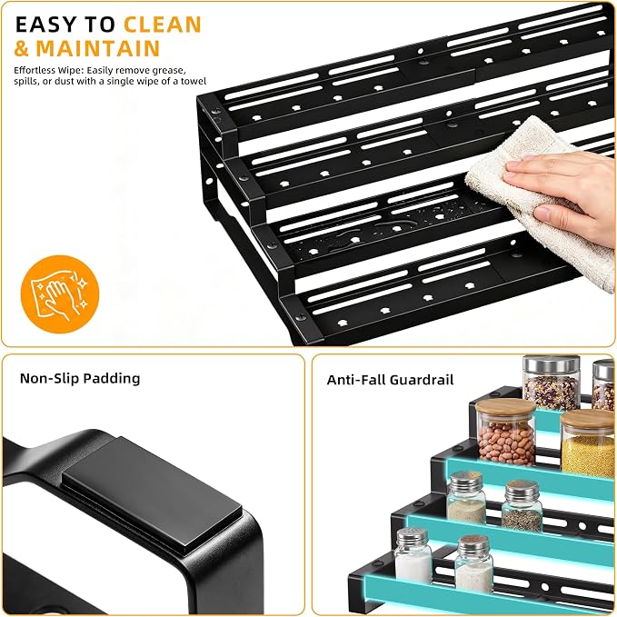 4-Tier Spice Rack Organizer, 13"-21.5" Expandable Spice Organization Shelf, Metal Seasoning Organizer for Kitchen Countertop or Pantry, Slip-Resistant Design for Jars and Bottles, Black