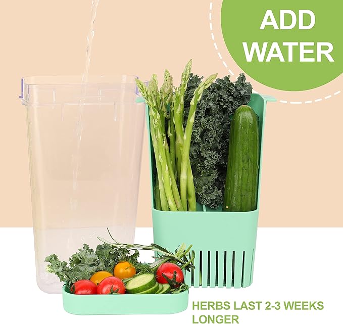 LUVCOSY 2 Pack Herb Keeper, BPA-Free Plastic Herb Saver with an Inner Basket for Cilantro, Mint, Parsley, and Asparagus, Keeps Fresh Herbs for 3 Times Longer