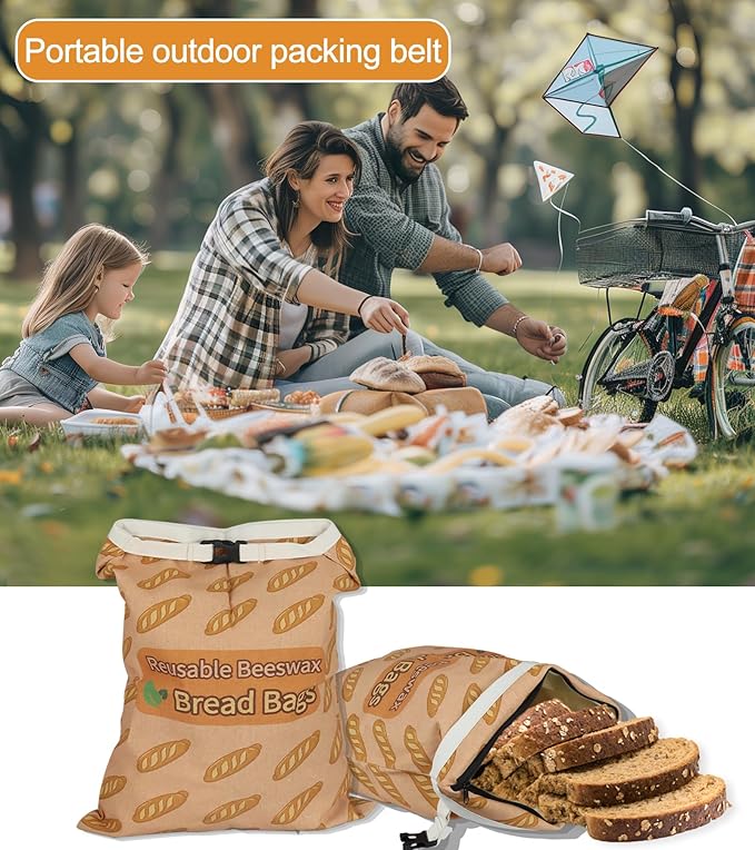 2 Pack Beeswax Bread Bags for Sourdough and Homemade Bread, Reusable Organic Linen Beeswax Bread Bag Eco-Friendly Fresh Food Storage, Moisture Lock– Freezer-Friendly with Sealing Zip (13x17in, XL)