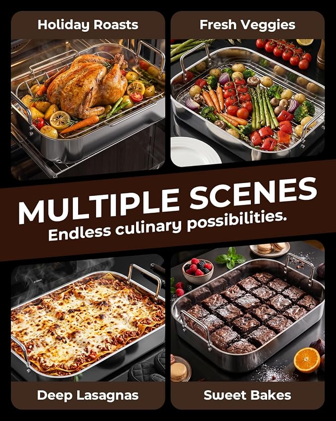 Stainless Steel Roasting Pan with Rack, Heavy-Duty Turkey Roasting Pan for Oven, Includes Two Bakinng Rack Insert, Perfect for Holiday Turkey & Everyday Meal Prep, Fits Up to 24 lbs Turkey