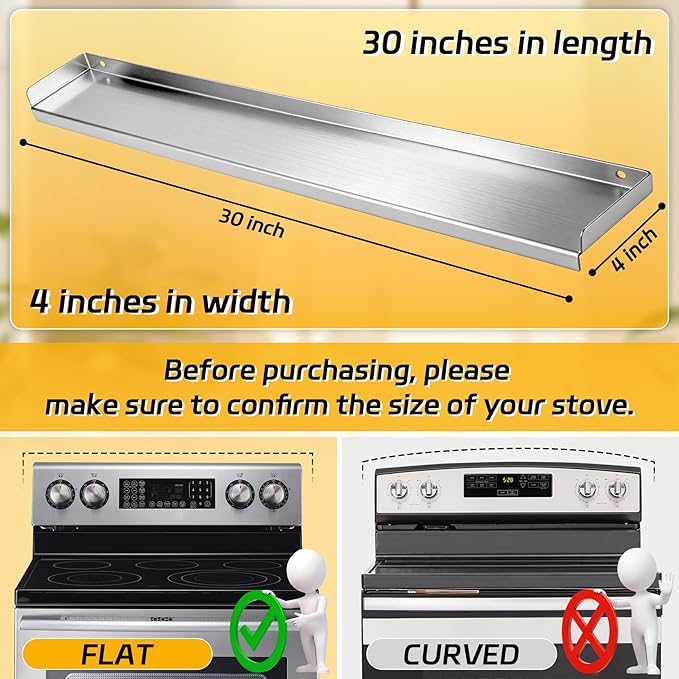 30" Stainless Steel Stove Top Shelf - Dual Mount (Screw & Adhesive) - No Slide/No Spill, Side Guards, Spice Rack & Over The Stove Organizer, StoveShelf (Stay Secure)