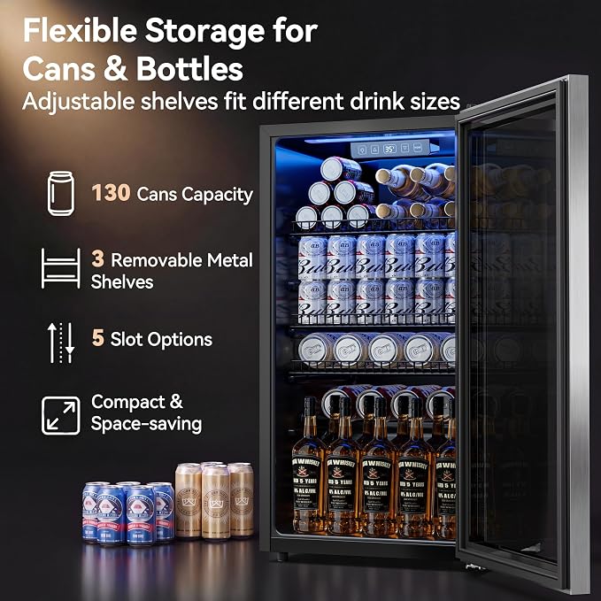 Tehanld 3.2 Cu.Ft Beverage Fridge, Mini Fridge With Glass Door, Beverage Cooler Refrigerator, Wine Drink Beer Fridge, Adjustable Shelves & Digital Temperature Display, 26 Bottle 128 Can, Silver