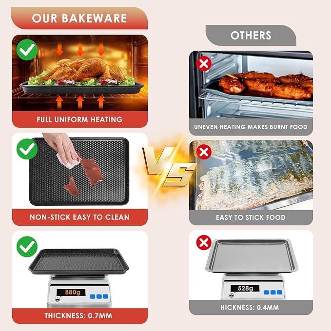 Baking Sheet Pan Set of 3, Nonstick Carbon Steel Cookie Sheets with Texture | Commercial Half/Quarter/Jelly Roll Pans Replacement Toaster Oven Tray, Heavy Duty & Easy Clean