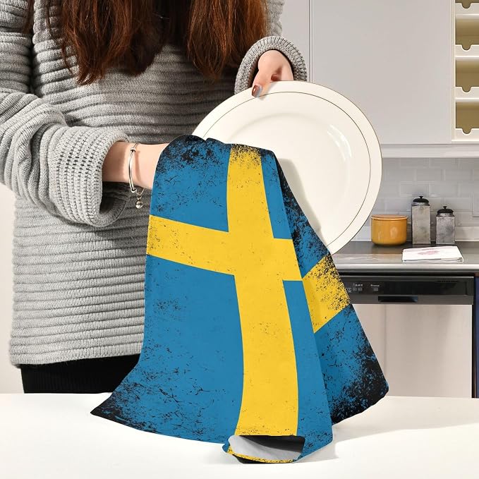 Swedish Flag Vintage Kitchen Towels Set with Hanging Loop, Kitchen Hand Towels, Tea Towels, Premium Dish Towels for Kitchen, Quick Drying Kitchen Towel Set 18”x 28”