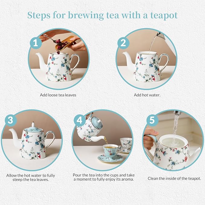 ACMLIFE Tea Sets for Adults, Tea Cups and Saucers, 4 Pcs Floral Vintage Bone China Tea Set, British English Tea Cups with 24K Gold, Mother's Day, Wedding Gift, Tea, Coffee & Gifting (Blue and White)