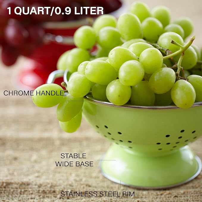 Reston Lloyd, 1 Quart Powder Coated Steel Kitchen Strainer Basket for draining Pasta, Vegetable and Fruit, Chrome Handles and Wide Stable Base, Red