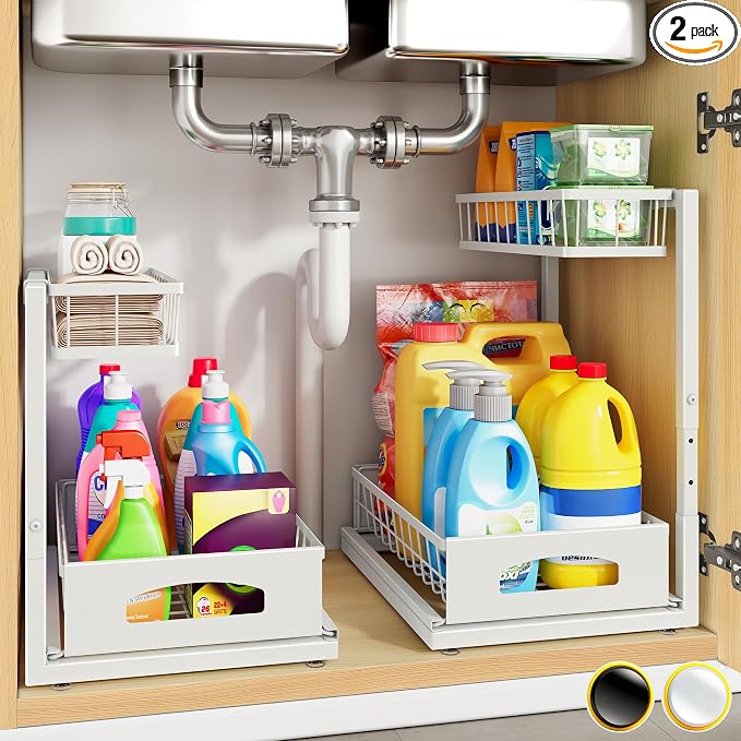 Under Sink Organizer, 2 Pack Cabinet Organizer for Kitchen, Height Adjustable Pull Out Heavy Duty 2 Tier Metal Under Sink Storage for Bathroom Pantry (White, 2 Pack)