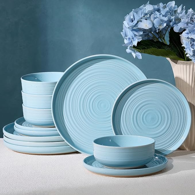 12-Piece Stoneware Dinnerware Sets for 4 - Coupe Plates and Bowls with Speckles & Spirals - Chip & Scratch Resistant, Microwave & Dishwasher Safe - Farmhouse Dishes, Ice Blue