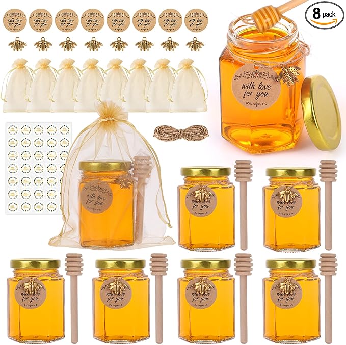 4 oz Mini Glass Honey Jars | 8-Pack Honey Jars with Wood Dippers, Gold Lids, Gift Bags, Bee Charms, Labels, Tags, Twine | Perfect for Baby Shower Party Favors, Wedding Favors, Bridal Showers