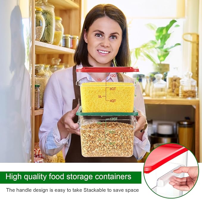 FoldTier 2 Pieces Square Food Storage Containers Polycarbonate Clear food Container with Lid Commercial Storage with Graduations for Commercial Kitchen Dough Marinating Meat(Green, Red,12 Qt)