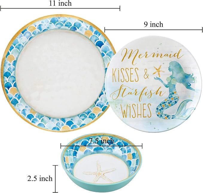 UPware 12 Piece Mermaid Melamine Dinnerware Sets, Outdoor Dishes Set, Plates and Bowls Sets, Service for 4, Blue