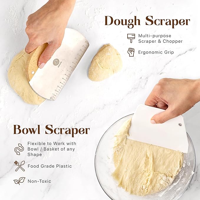 ABIOTO Sourdough Bread Baking Kit - 14-Piece Set with 10" Round & 11" Oval Rattan Banneton Proofing Baskets, Liners, Bread Lame, Danish Whisk & Scrapers for Home Bakers