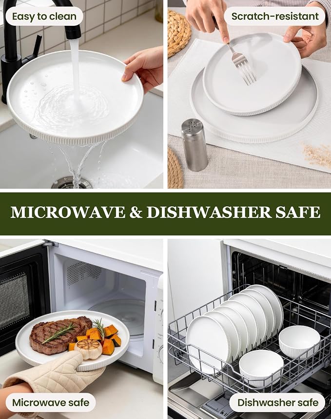 OTAGO 16-Piece Dinnerware Set for 4 with Mugs, Ribbed Stoneware Plates and Bowls Sets, Unique Handcrafted Reactive Glaze, Chip and Scratch Resistant Dish Set, Microwave & Dishwasher Safe, White