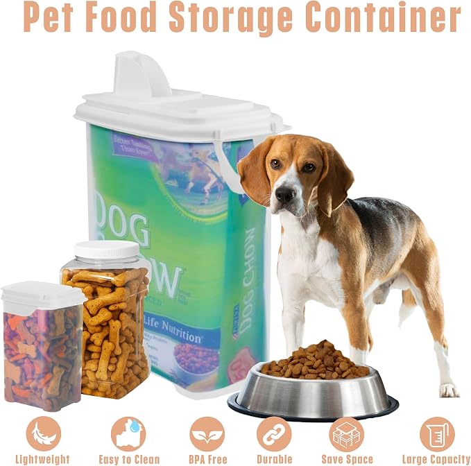 Buddeez Pet Food Storage Solution (Set of 3) - 32QT, 4QT & 2QT BPA-Free Containers with Scoop & Pour Spout for Dry Food, Treats, Chews (White Lid)