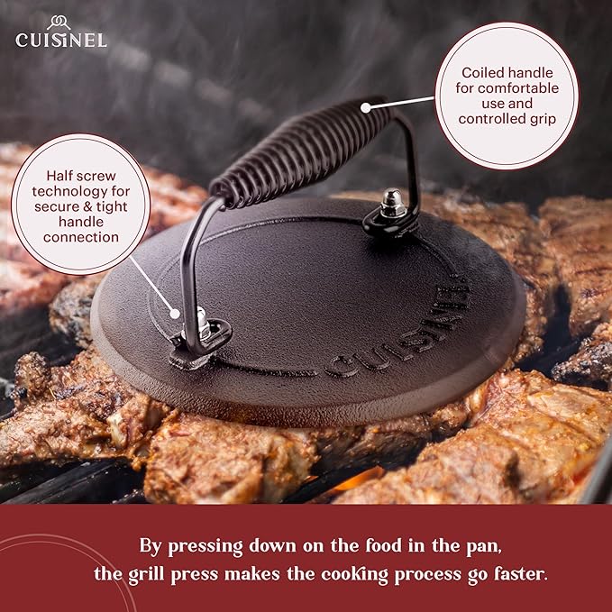 Cast Iron Skillet + Grill Press + Scraper Set - 12"-inch Pre-Seasoned Frying Pan + Silicone Handle Grip - 7" Round Burger Smasher - Indoor/Outdoor, Stove, Oven, Grill, Induction Kitchen Cookware