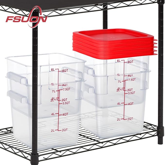 4 Pack 6 Qt Square Polycarbonate Food Storage Containers with Lids | Clear BPA-free PC with lids, side handles, measurement scale and stackable design; for food prep, storage and freezer use.