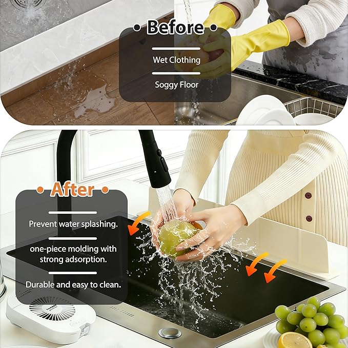 20Inch Silicone Sink Splash Guard with Strong Suction Cups, Flexible Kitchen Sink Splash Guard for Front/Back of Sink, Easy to Clean Splash Guard for Kitchen & Bathroom (White, 20.5''x2.8'')