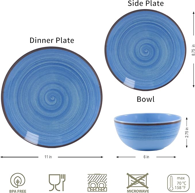 Melamine Dinnerware Set, Plates And Bowls Sets for 4, 12PCS Blue Color Dinnerware Sets, Unbreakable Dinnerware Dishwasher Safe BPA Free(Blue)