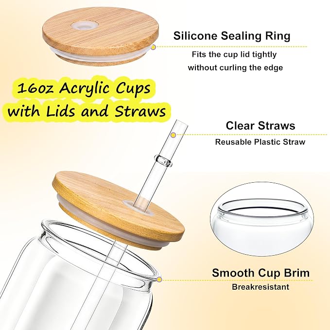 20 Pack Clear Plastic Cups with Bamboo Lids and Straws, 16 oz Acrylic Mason Jars Reusable Iced Coffee Cups Unbreakable Drinking Glasses for Poolside, Party Giveaways, Park Picnic